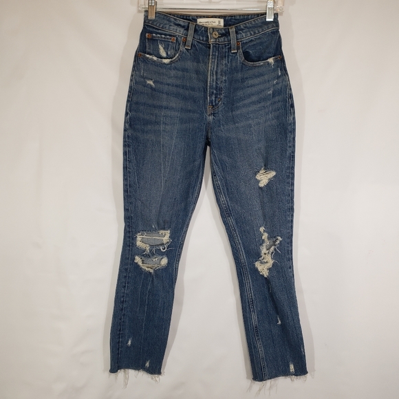 Abercrombie and Fitch High Rise Distressed Mom Jeans Blue Size 24 00R - Picture 2 of 15